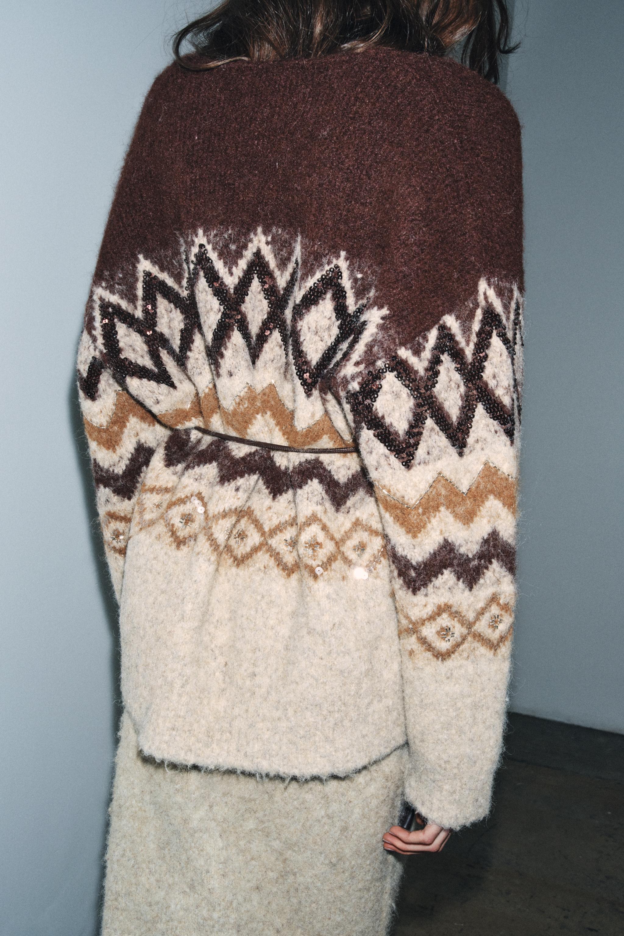 SEQUINED JACQUARD KNIT CARDIGAN WITH BELT